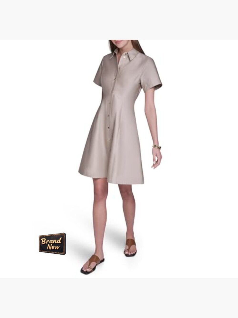 Short Sleeve Button Up Cotton Sateen Shirt Dress Midi Knee-Length - Picture 7 of 7